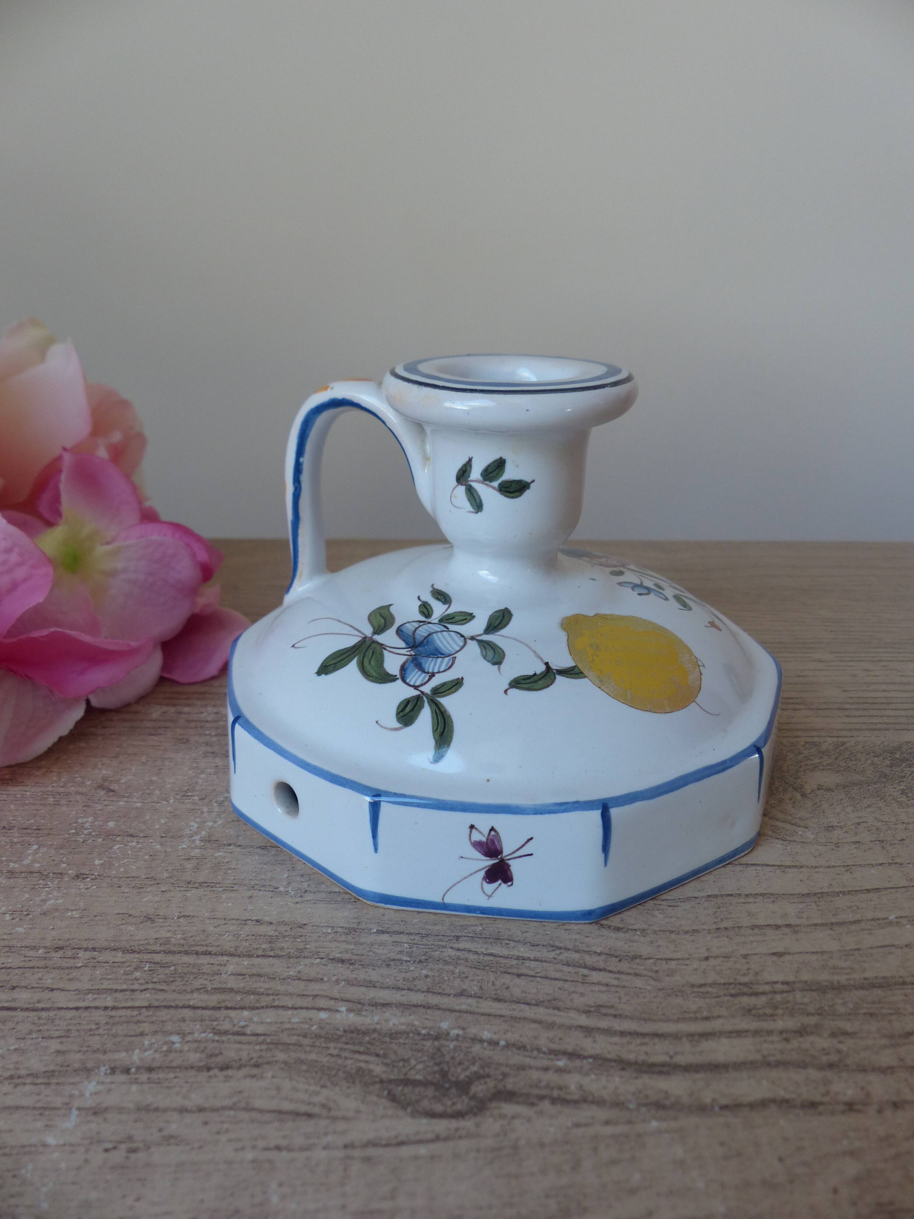 Malicorne earthenware candle holder by Emile Tessier with floral decoration