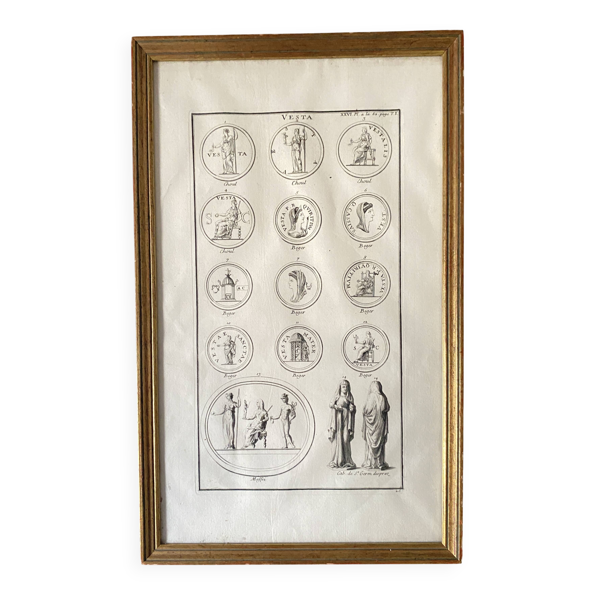 19th century engraving with antique motifs under glass