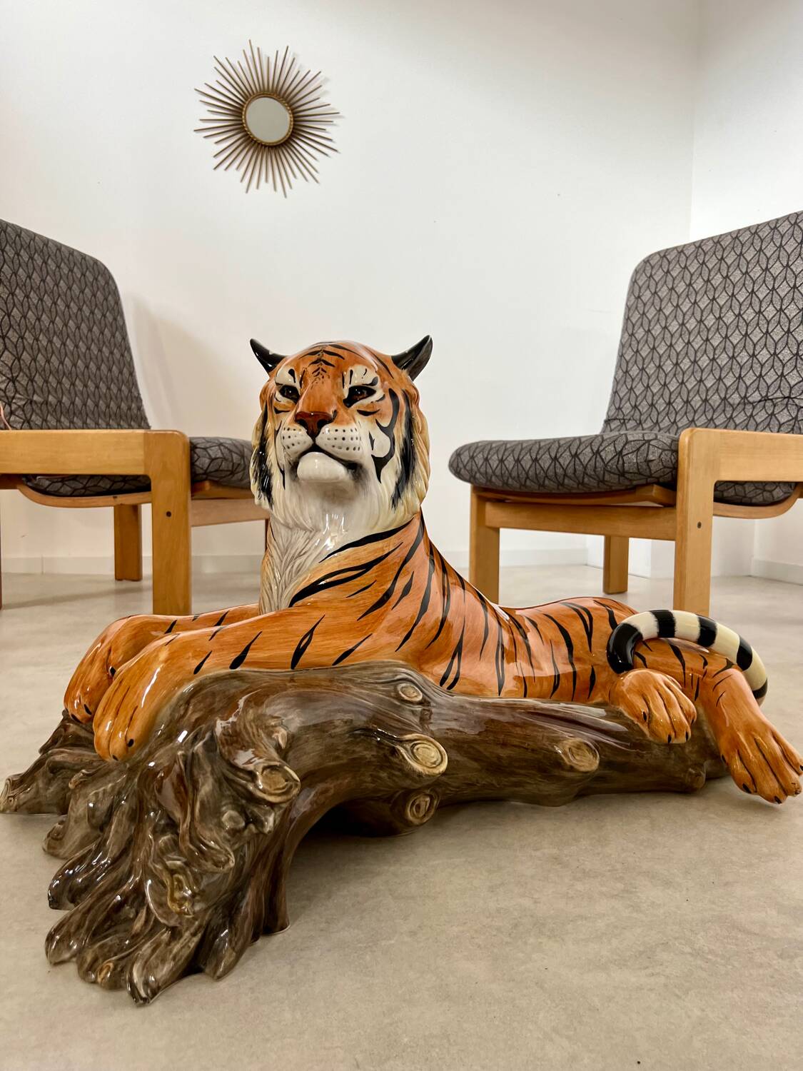 Old vintage ceramic tiger 70s Italian design lying position