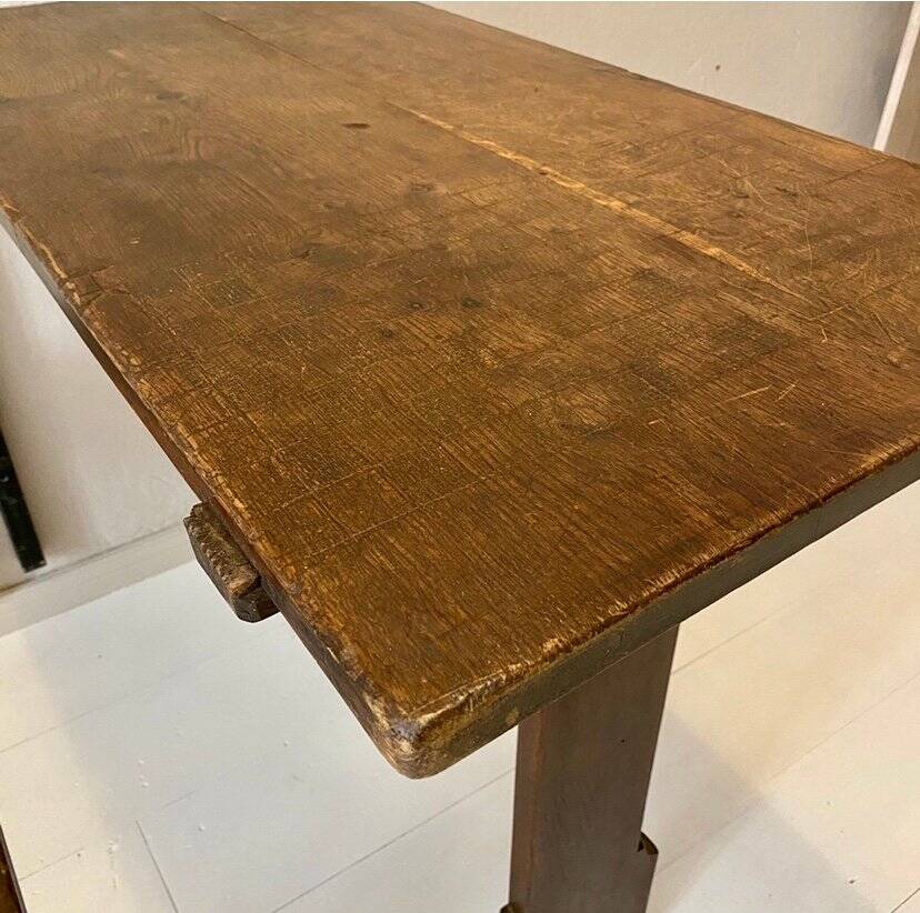 Art Deco German Wabi Sabi Brown Oak Prison Cell Table and Bench, 1930s, Set of 3