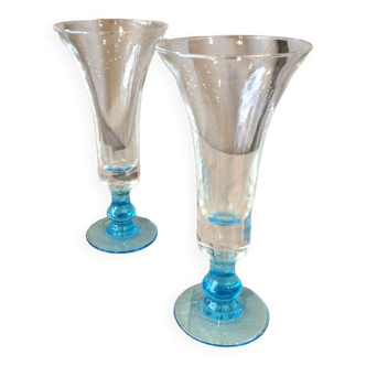 Paires de vases soliflores transparent pied bleu