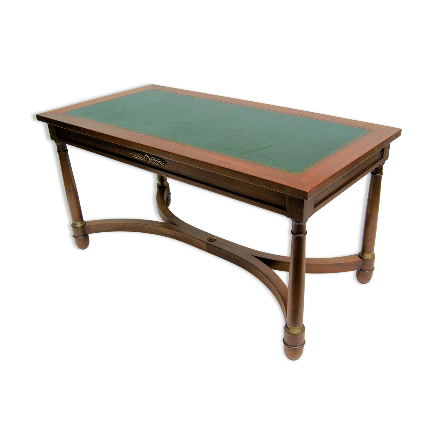 Mahogany coffee table, green leather, bronze Empire style