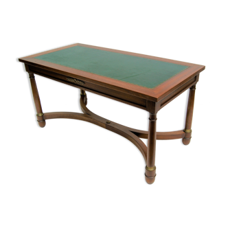 Mahogany coffee table, green leather, bronze Empire style