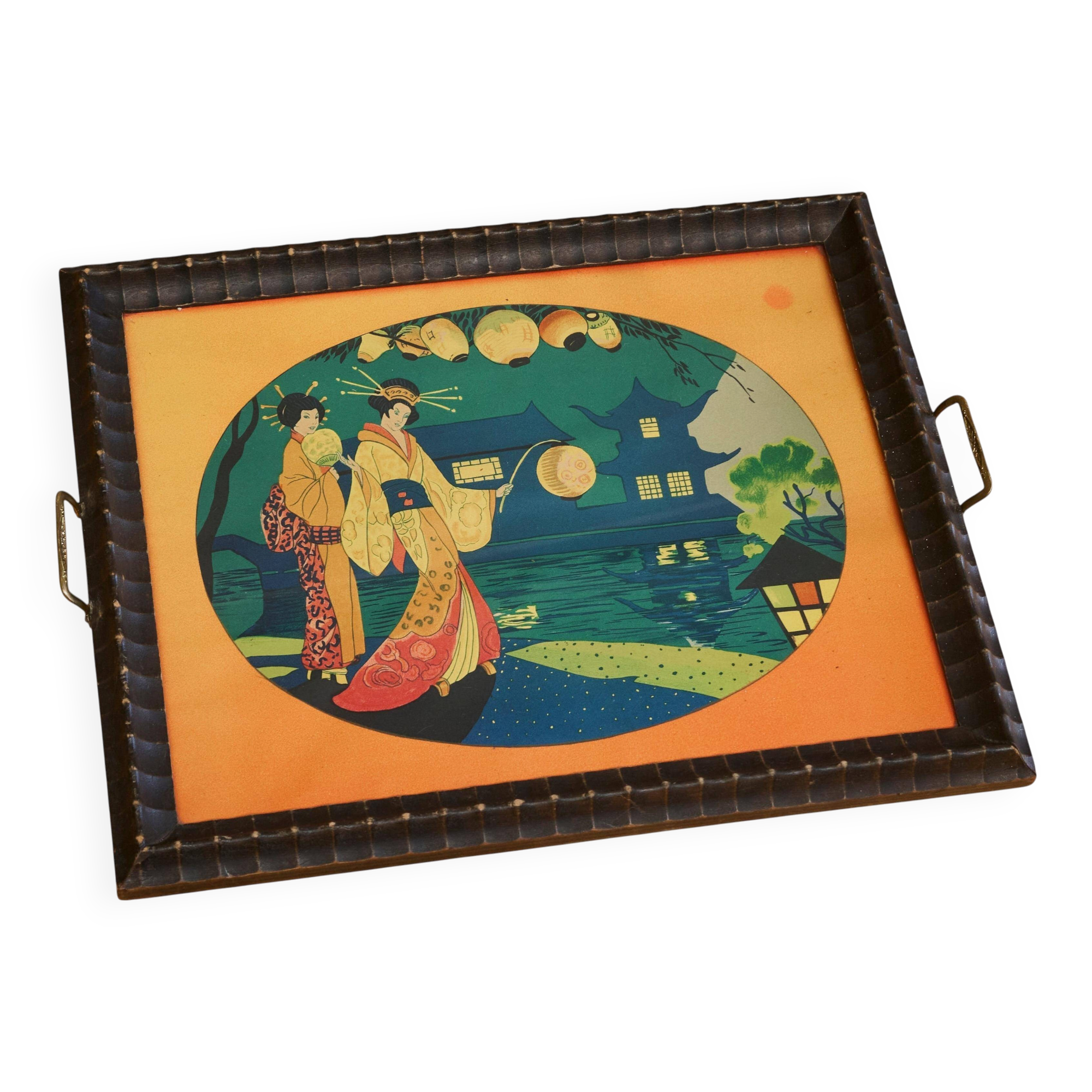Art Deco Japanese-themed wooden and glass plateau, 1940s.