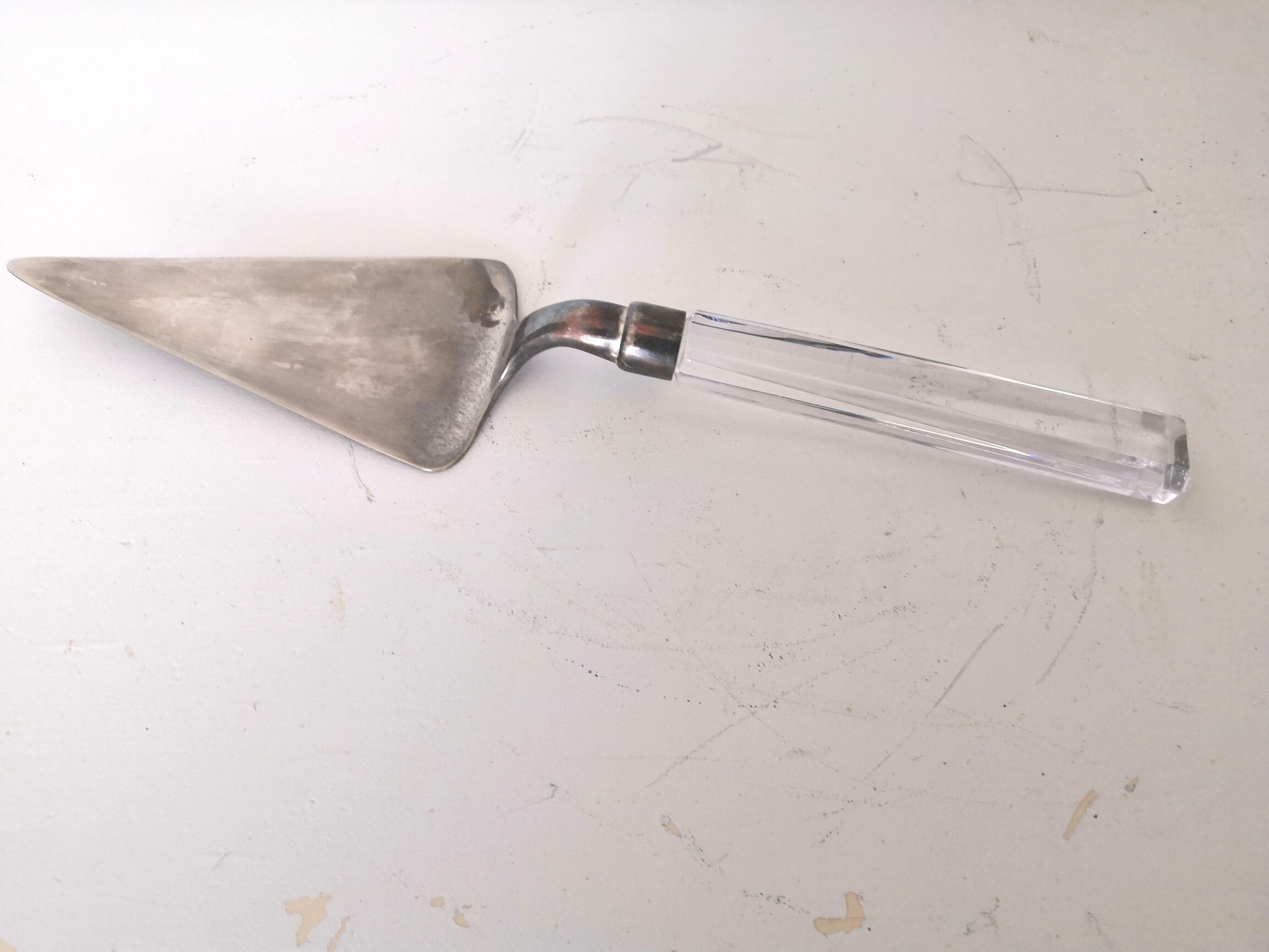Silver metal pie shovel glass handle Lisa Mori