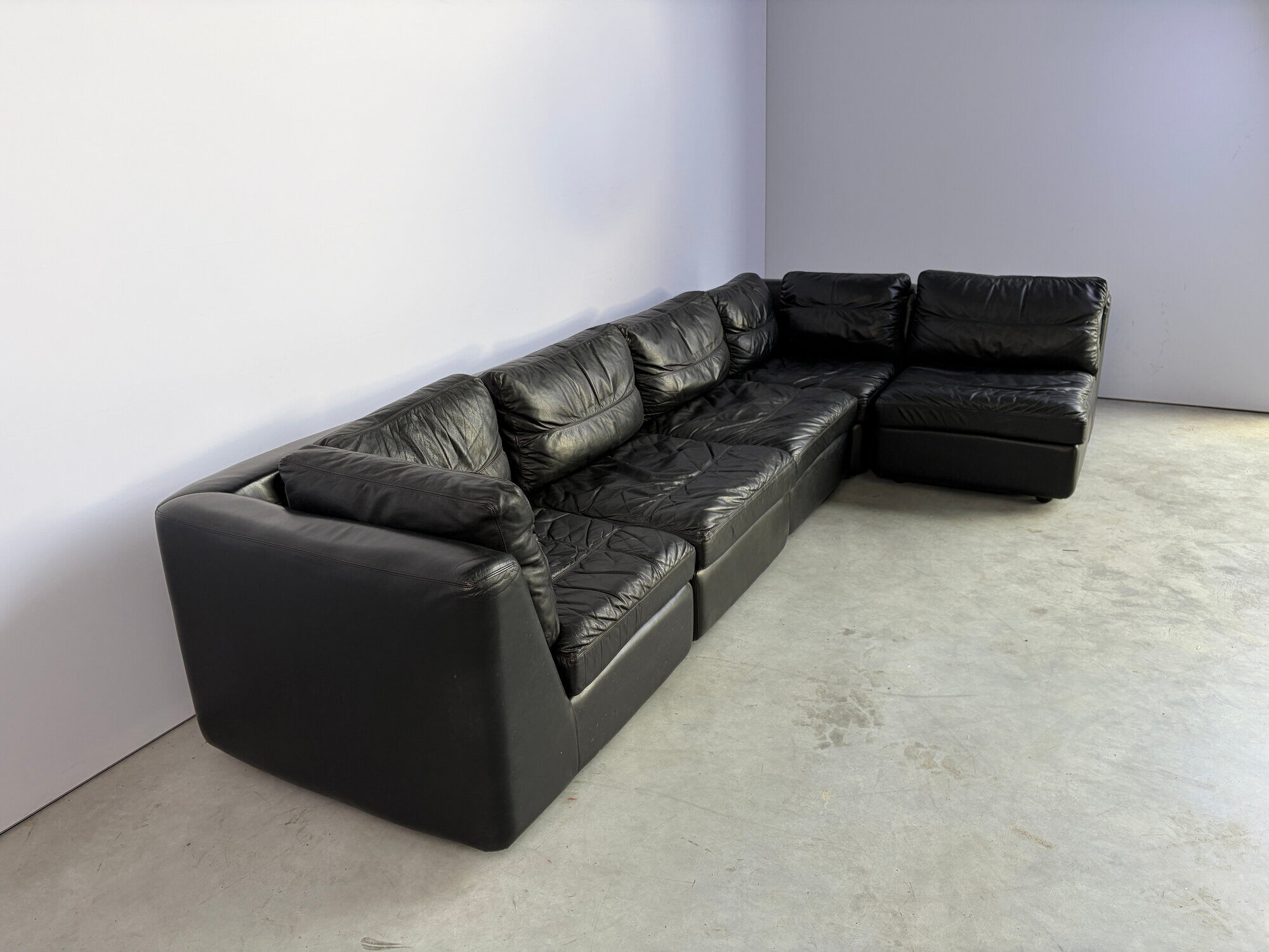 Vintage black leather modular sofa, 1970s
