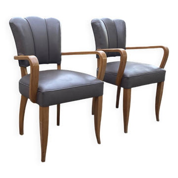 Paire de fauteuils bridge vintage cuir veritable