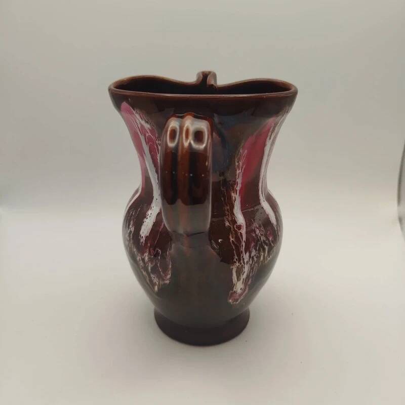 Pichet Vallauris vintage glazed ceramic with red drip design from the 1960s.