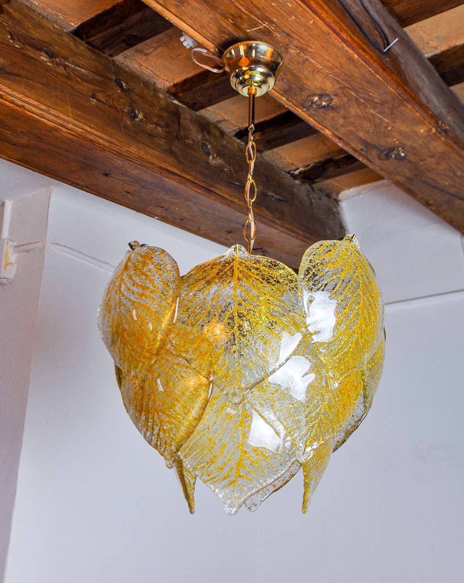 Chandelier leaves Murano Mazzega, gilded frosted glass, italy 1970
