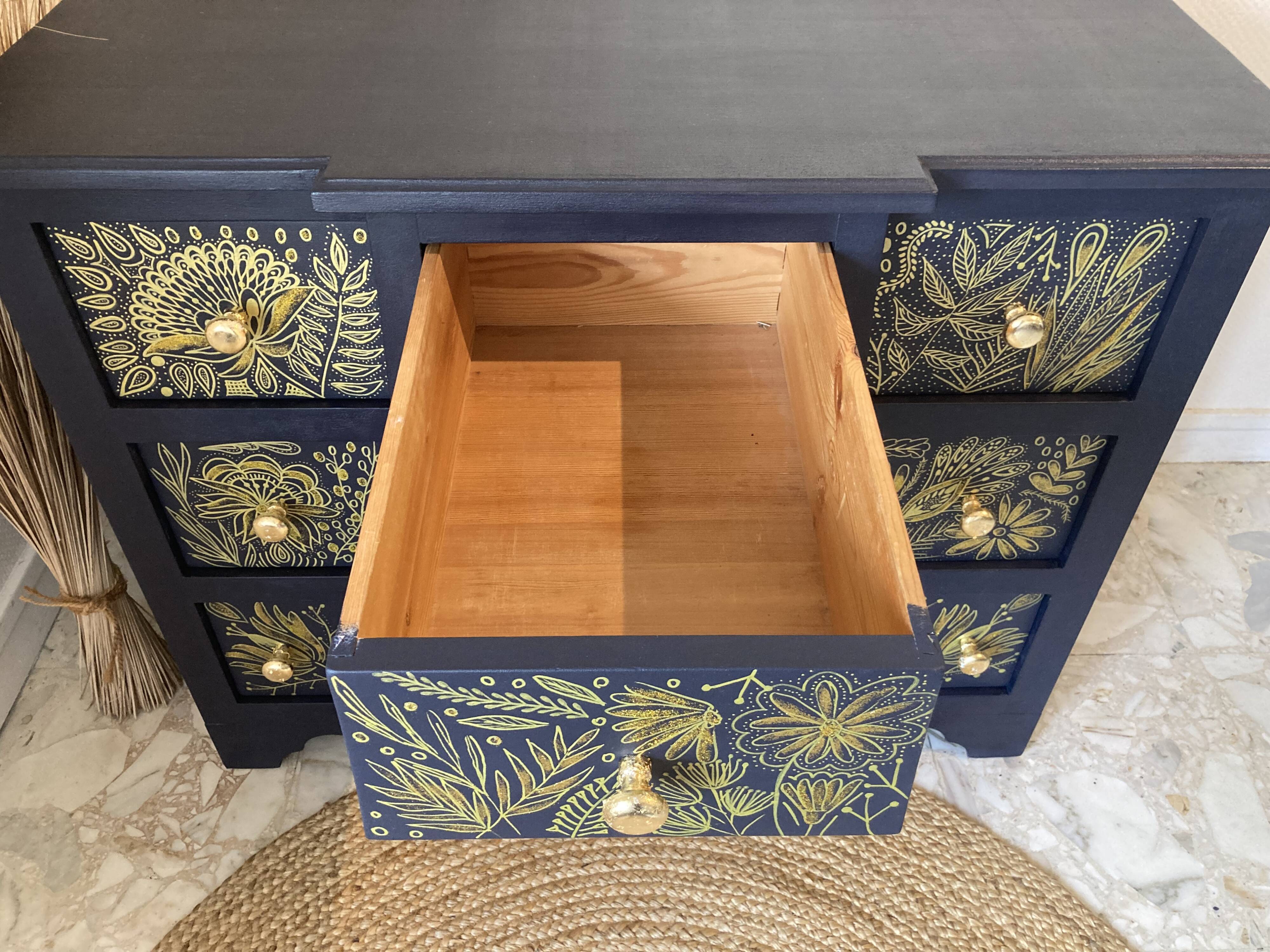 Atypical blue chest of drawers, hand-painted golden patterns