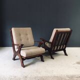 Rustic X Frame Lounge Chairs, Belgium, 1950s, Set of 2