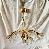 Vintage chandelier in gold metal and mother-of-pearl petals - 5 branches