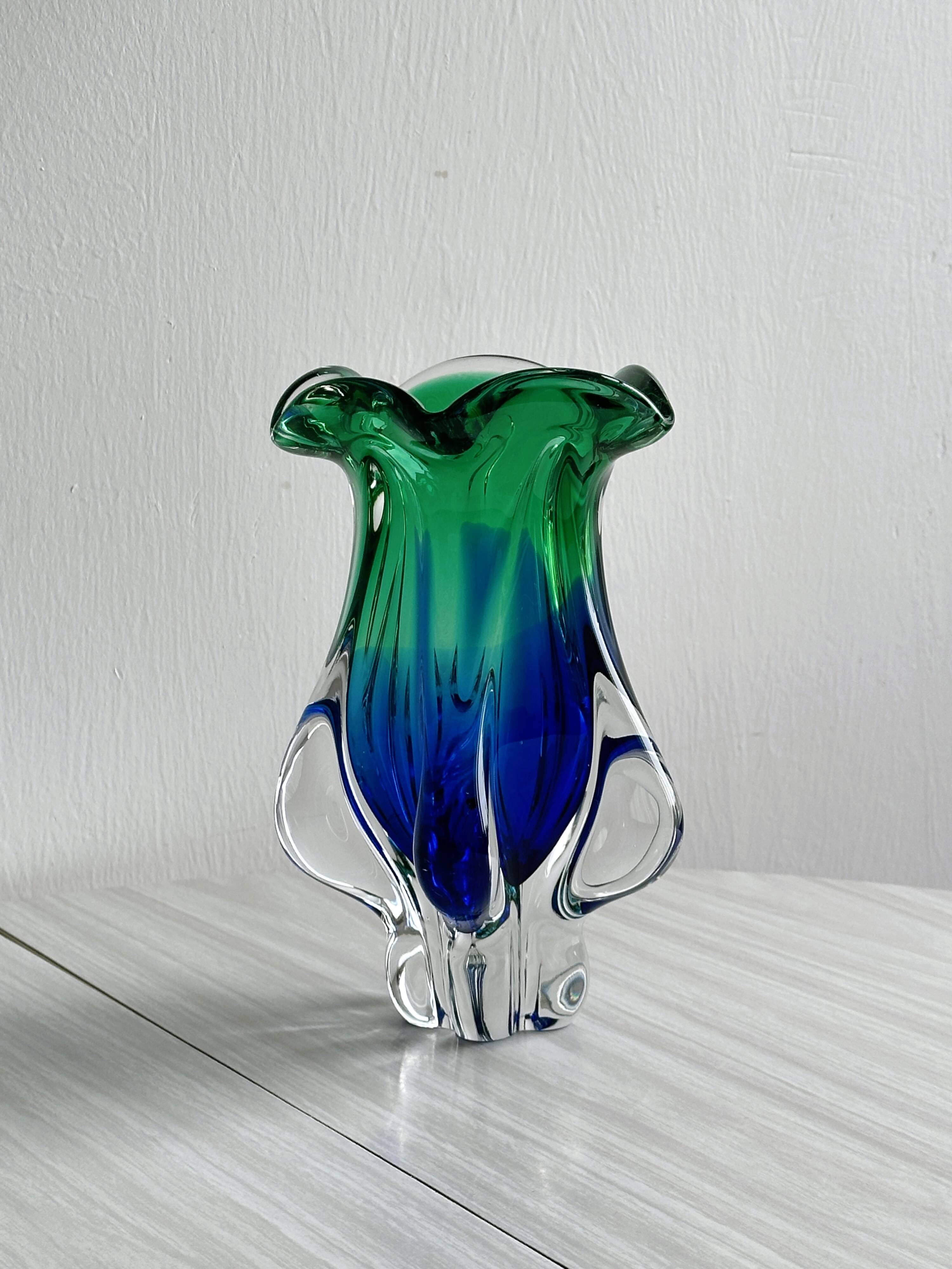 Murano style blue and green blown glass vase