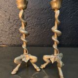 Pair of candlesticks with snakes, gilded bronze 19th century
