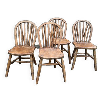 Set of 4 19th century English farm chairs in solid elm