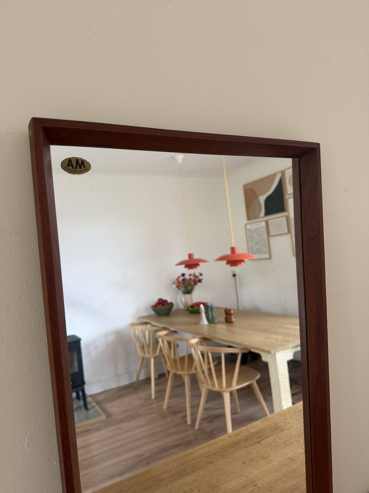 Beautiful vintage Danish teak mirror with mittered edges and nice brass det