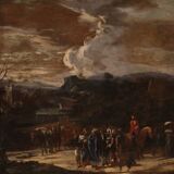 Grand tableau de paysage italien avec personnages du XVIIIe siècle