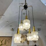 Lustre cascade à 5 feux, verre et laiton, années 60