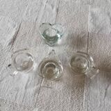Set of four small transparent glass candle holders 3 spikes 1 heart
