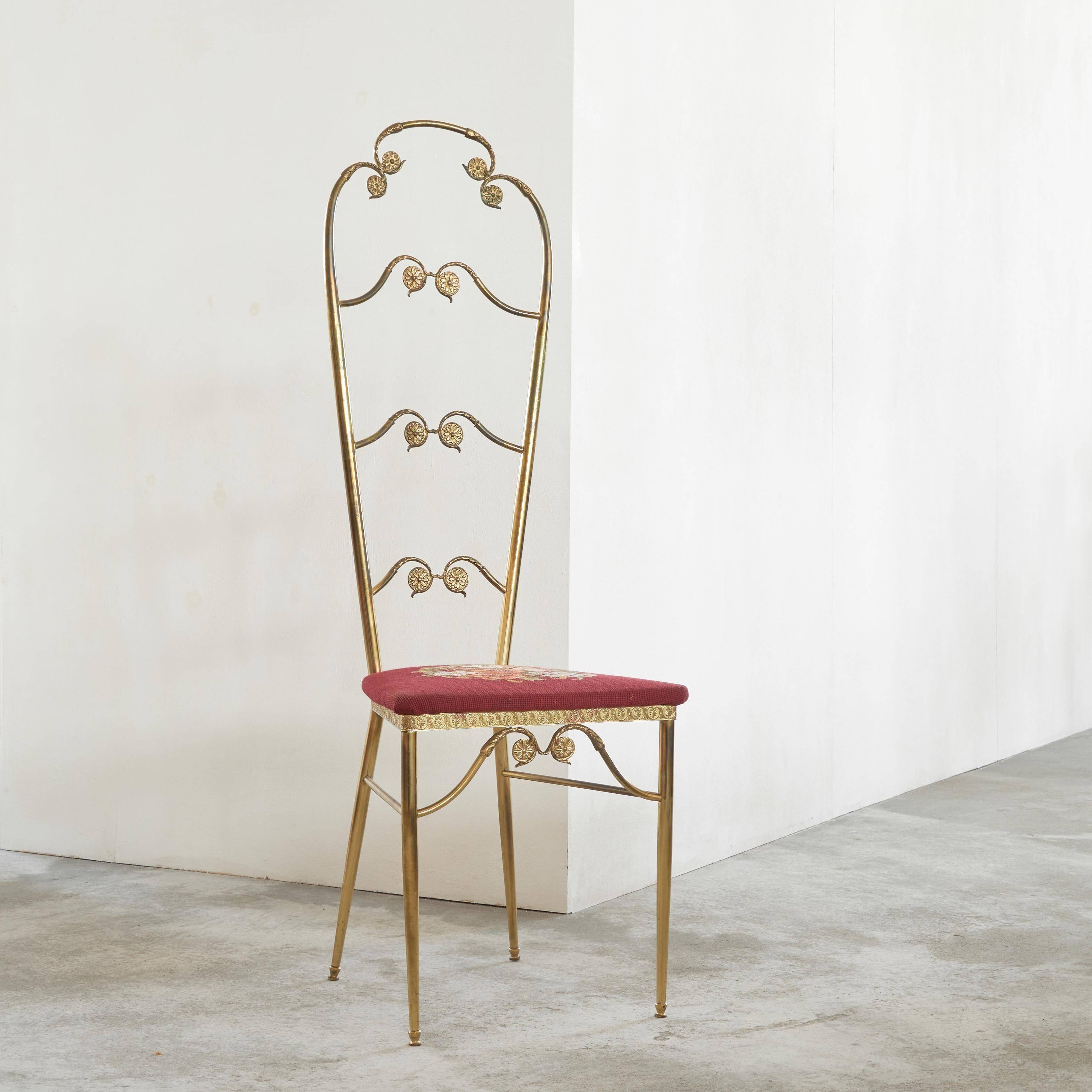 Chiavari chair with high back, brass, embroidery from the 1960s.