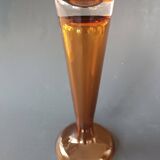 Two vintage Scandinavian double-layered amber blown glass candlesticks