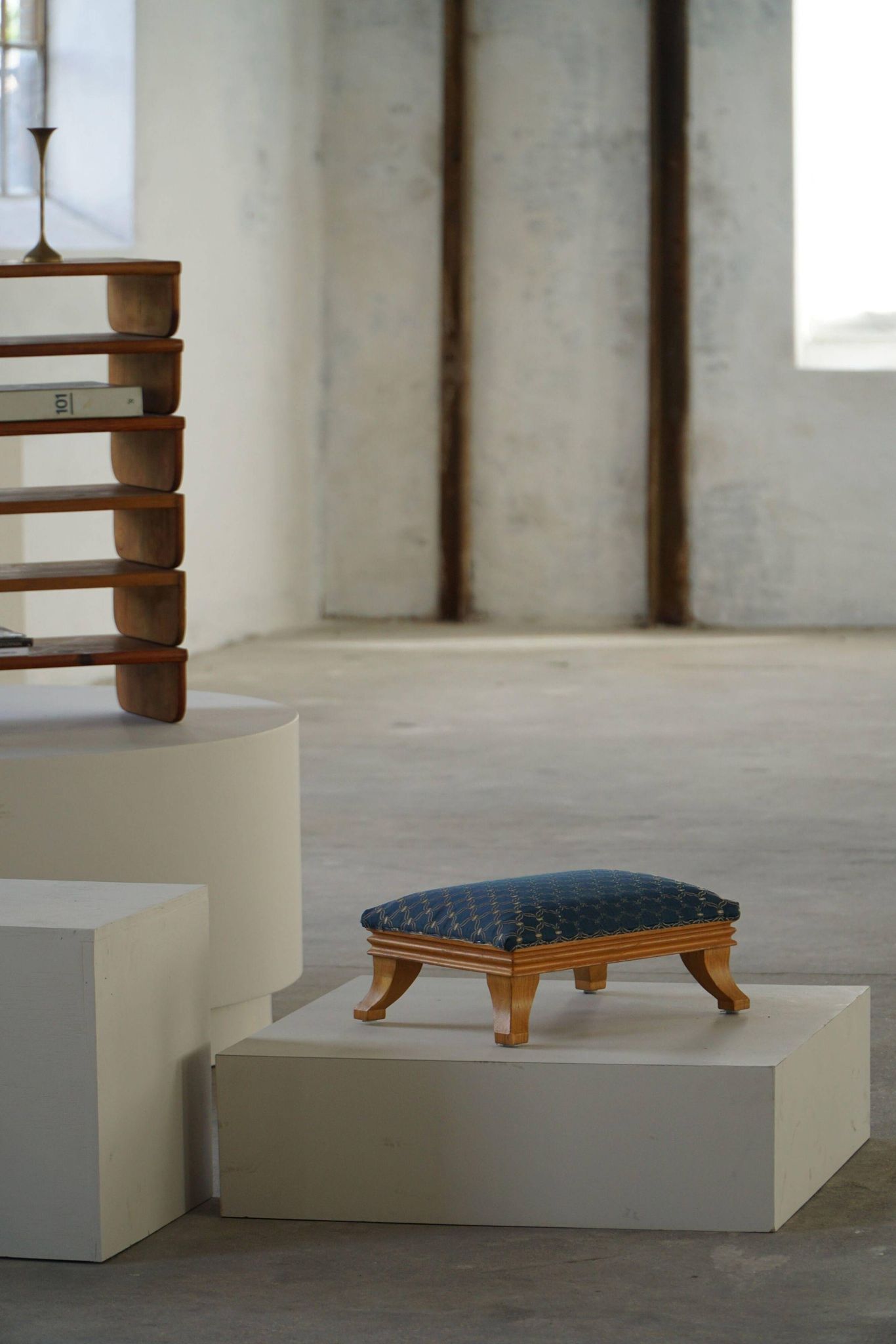 French Art Deco low stool with vintage upholstery made in the 1940s.