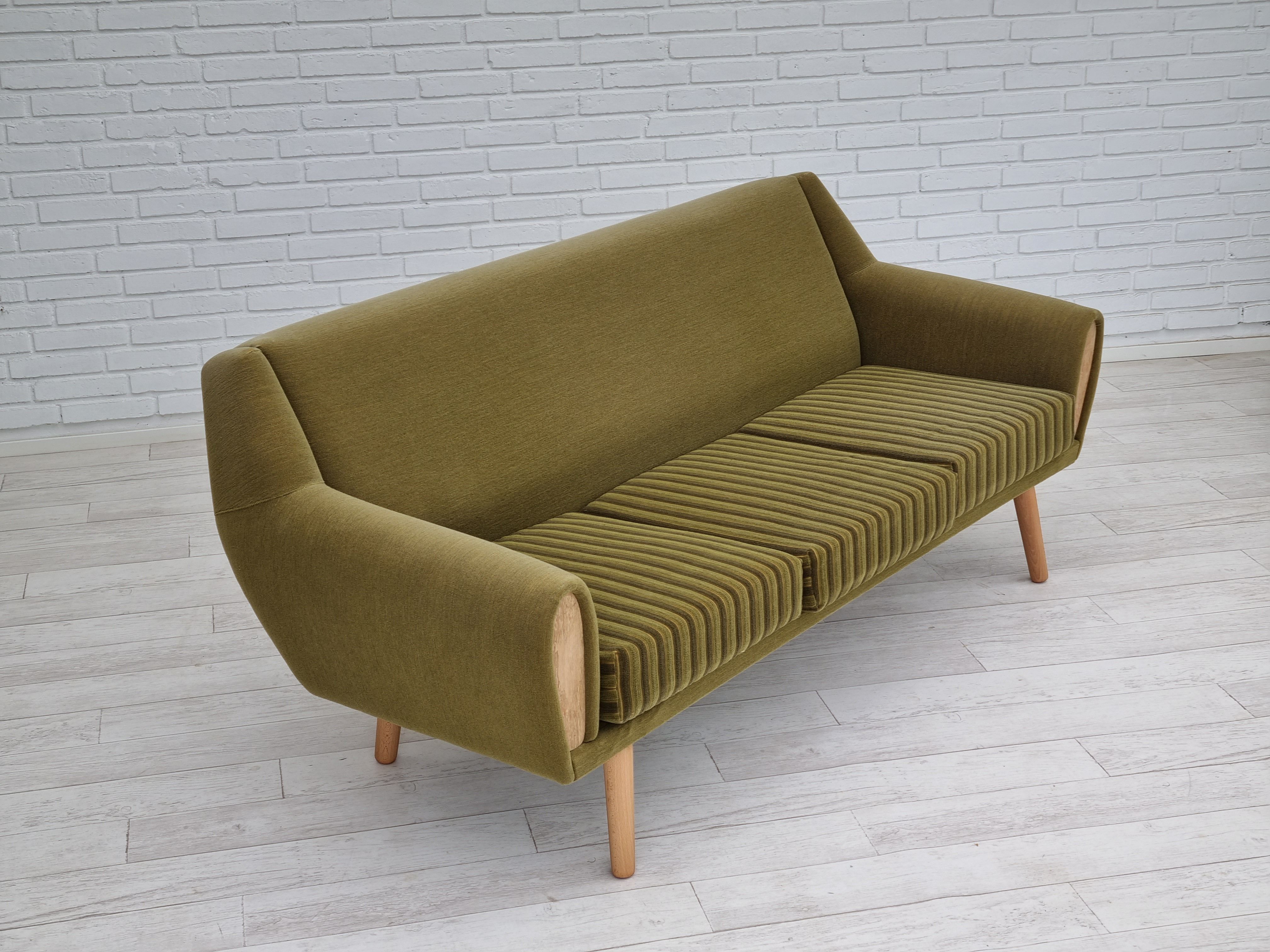 1970s, Danish 3-seater sofa, original very good condition, green furniture fabric, oak