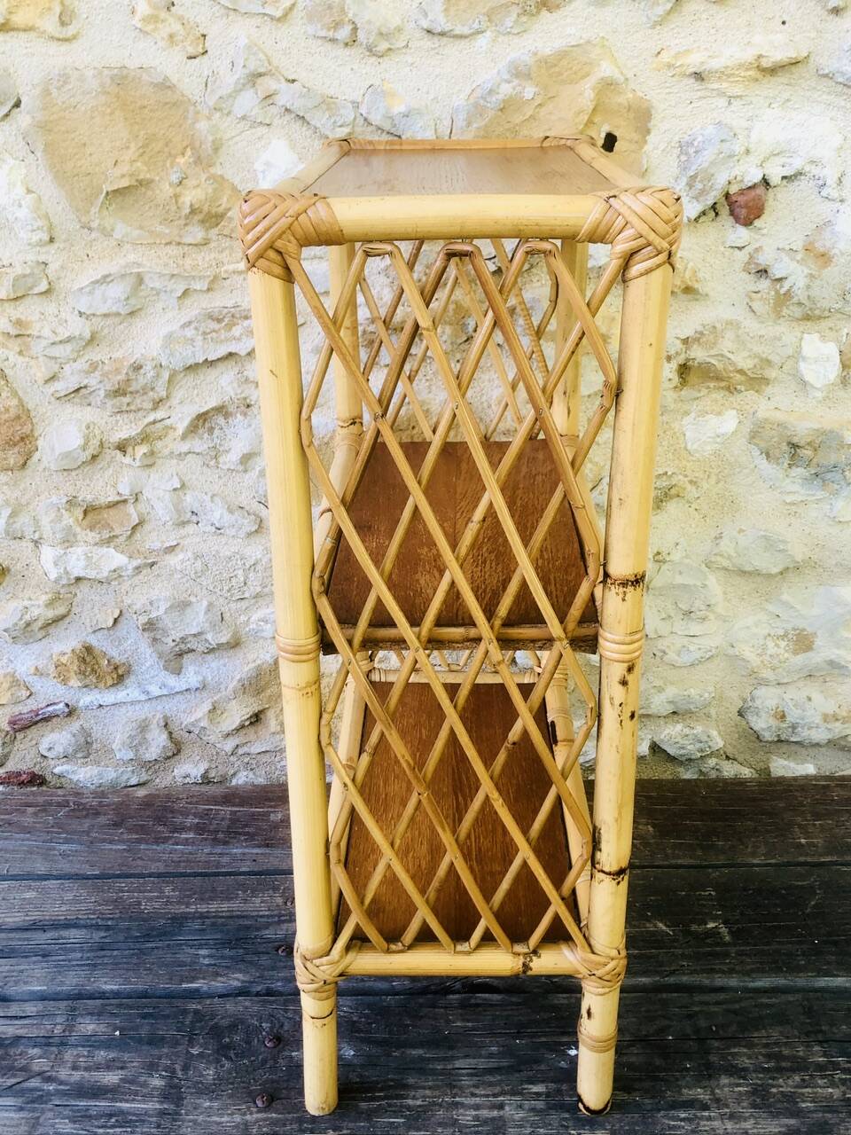 Wall shelf blond wood, bamboo, vintage rattan