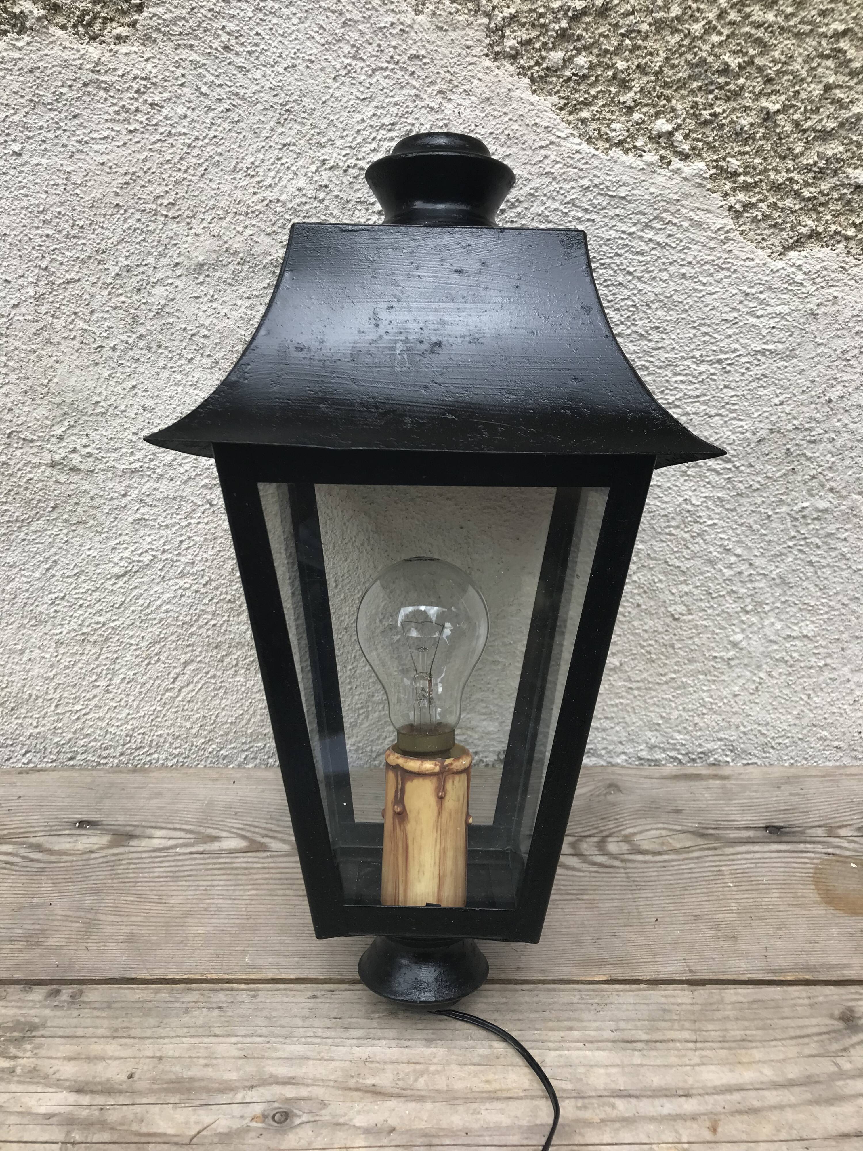 Lampadaire ancien lanterne métal noir + plaques verre années 70 vintage