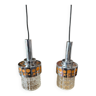 Pair of chrome glass orange globes Space Age pop seventies