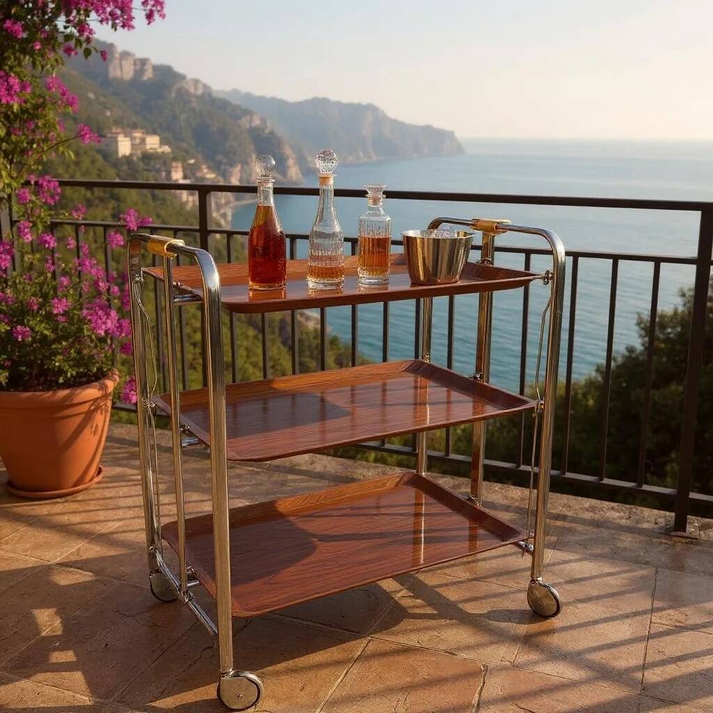 Bremshey Dinett Folding Trolley, Chrome & Teak, 1970s