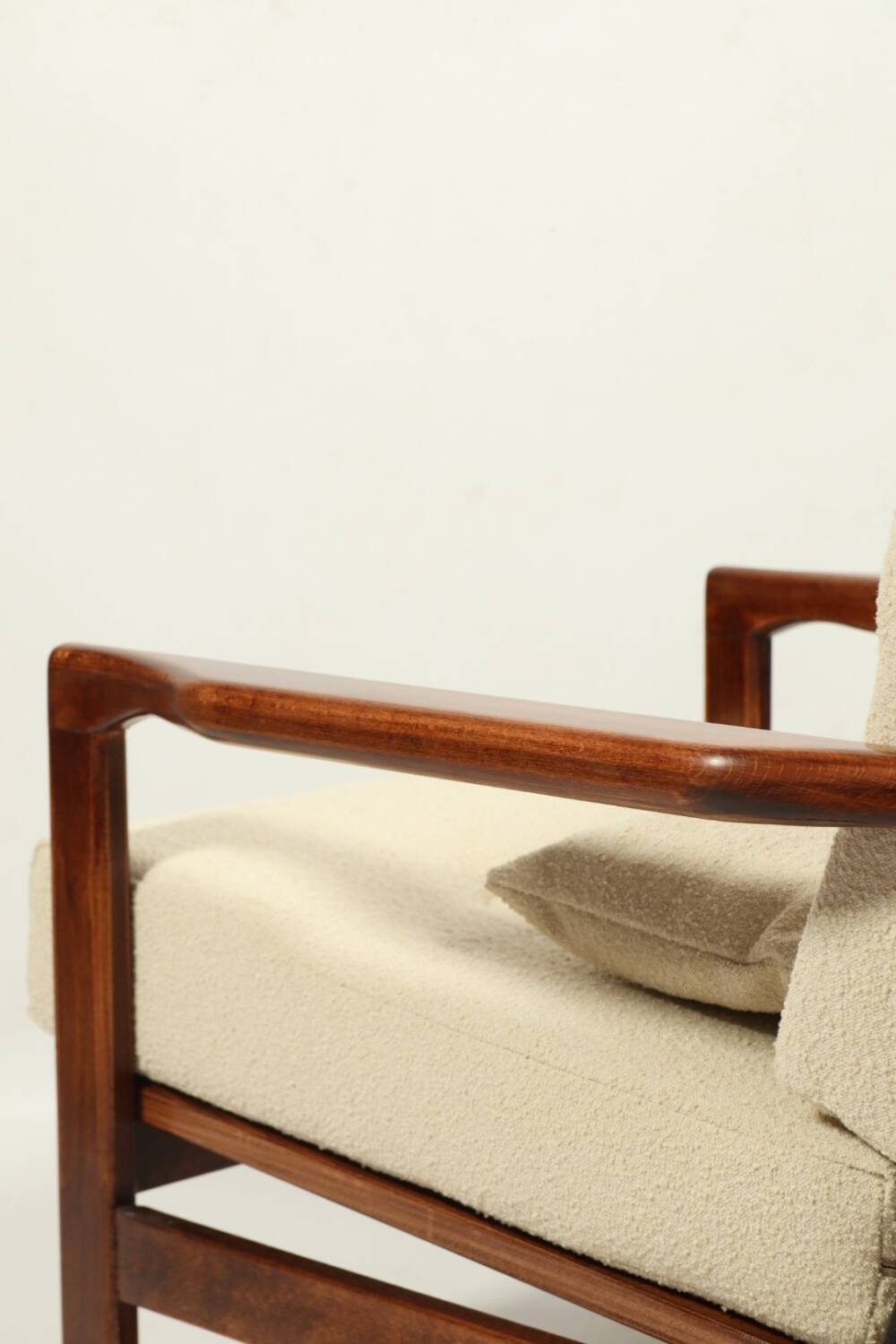 Vintage dark wood beige bouclé armchair by Z.Baczyk 1965