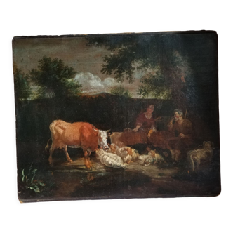 Scène pastorale huile sur toile 18 ème