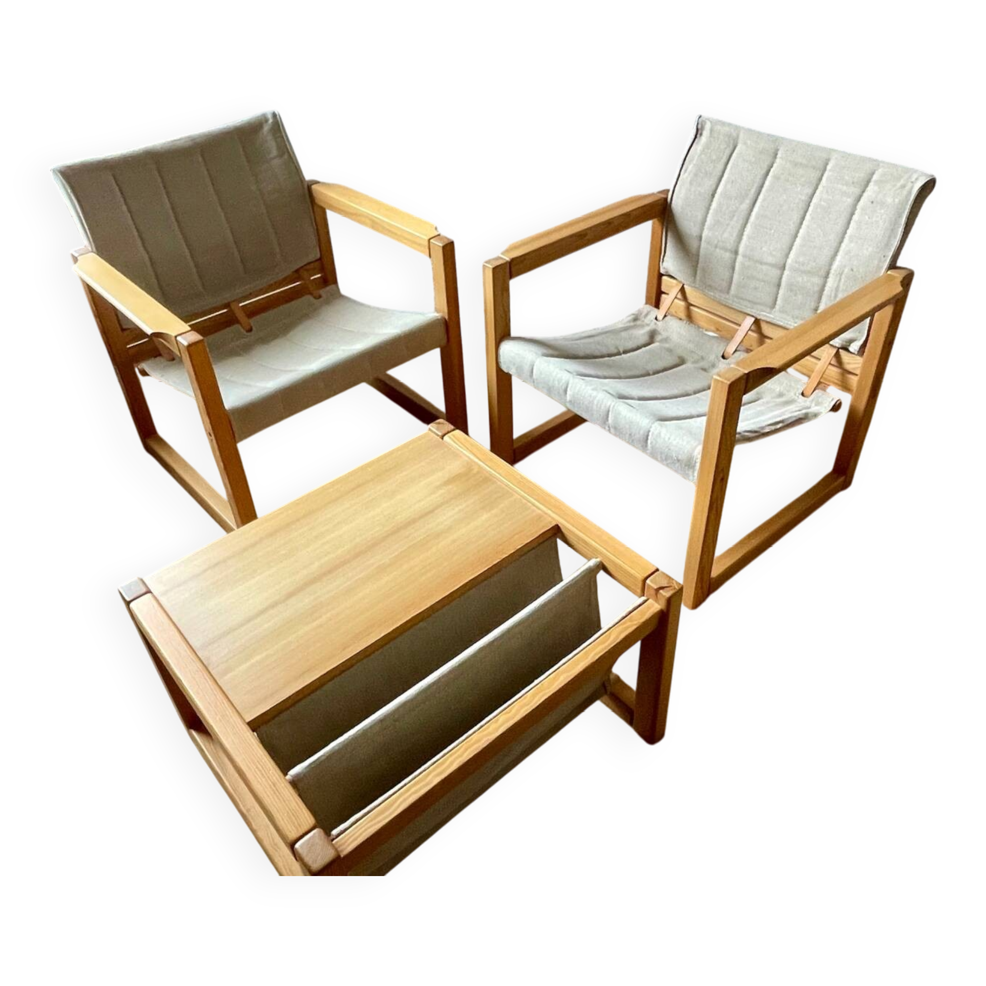 Iconic set of 2 safari armchairs by karin mobring and their coffee table – vintage ikea design in solid pine, vintage