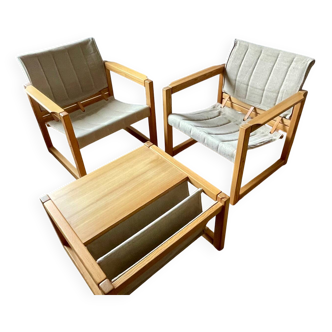 Iconic set of 2 safari armchairs by karin mobring and their coffee table – vintage ikea design in solid pine, vintage