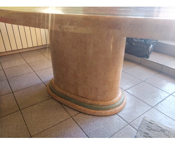 Ovoid table in pink and green travertine, circa 1975