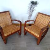 Pair of Art Deco woven rattan armchairs and table