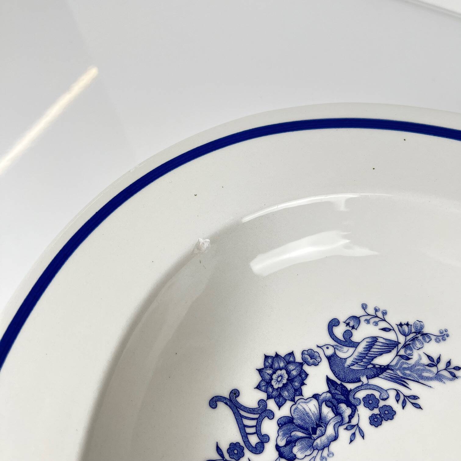 Large white & blue oval dish, bird and flower motif