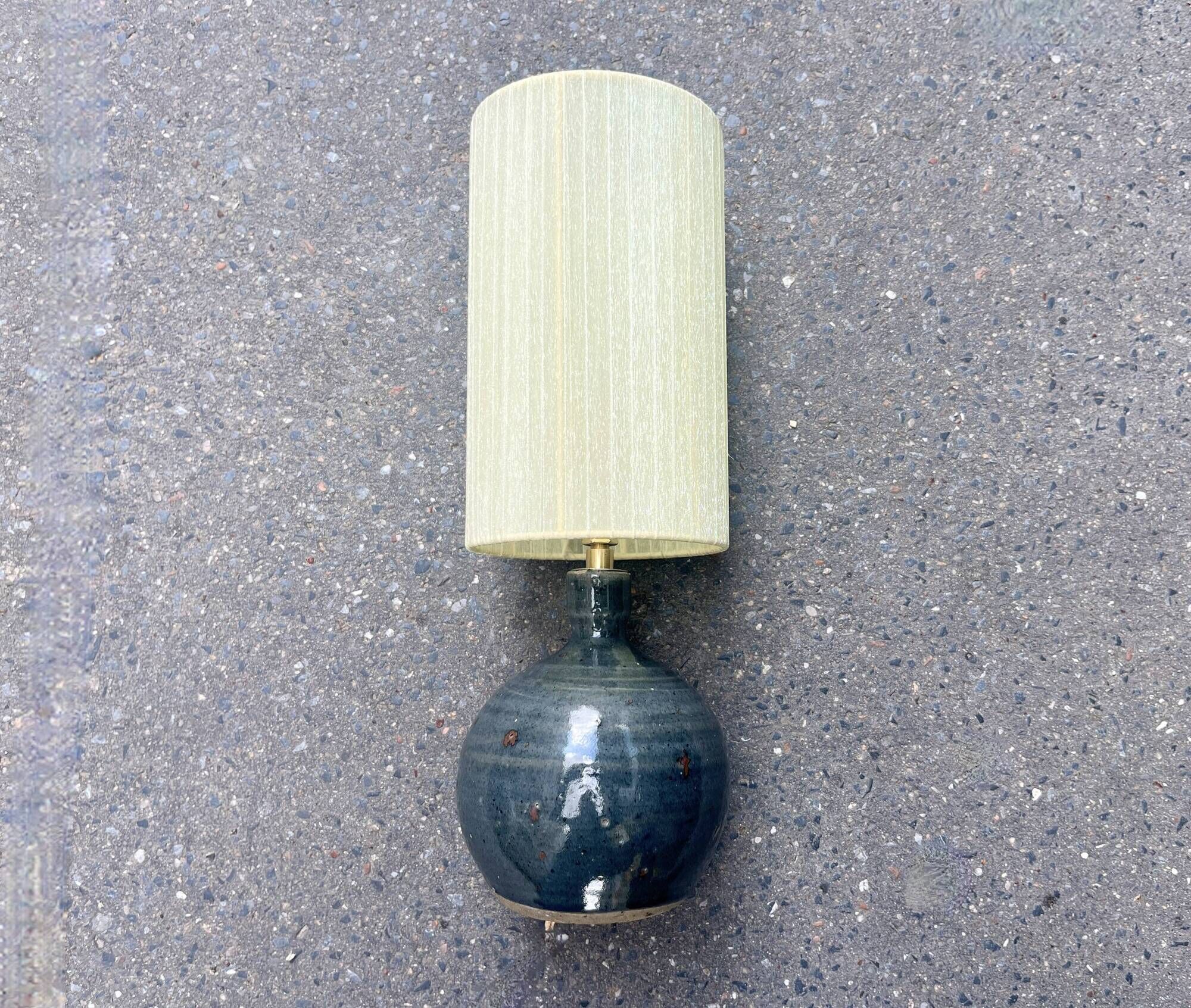 Vintage blue pyrite stoneware lamp 1970s raffia rope lampshade ribbons 70s bohemian