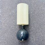 Lampe en grés pyrité bleu vintage 1970 abat-jour corde raphia rubans années 70 bohème