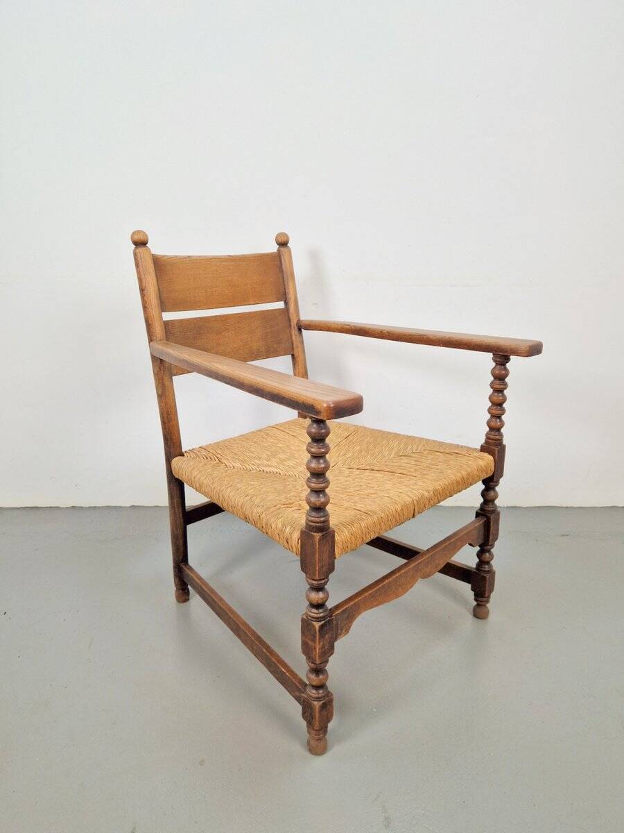 Vintage Dutch Bobbin Armchair in Oak and Rush, 1930s
