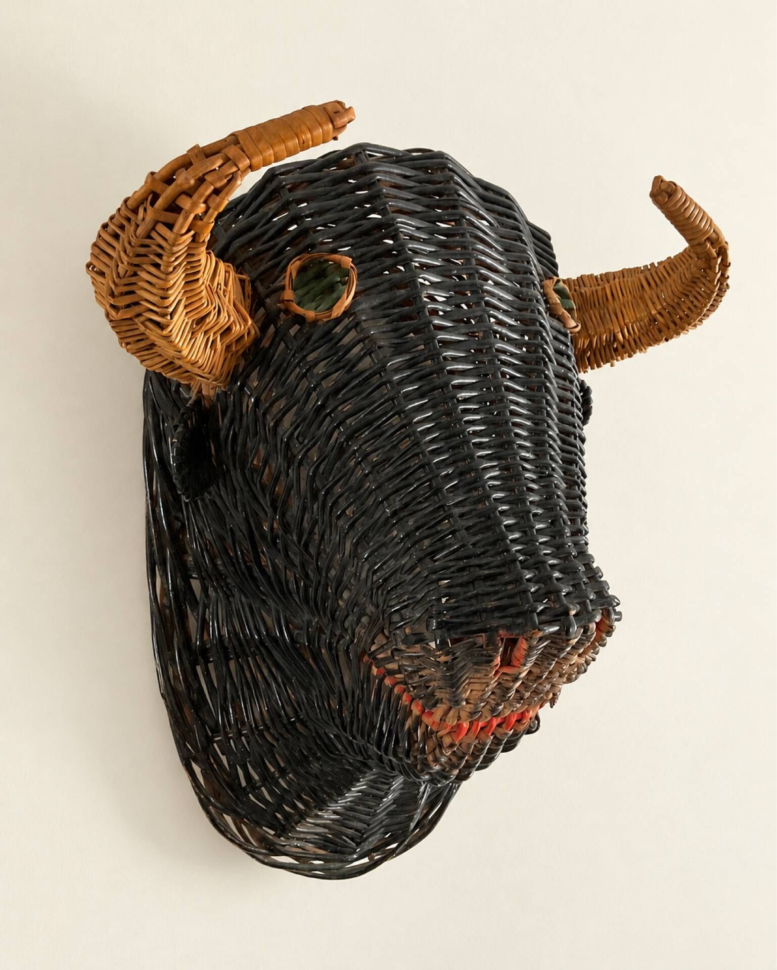 Rare polychrome wicker bull's head trophy, circa 1950.
