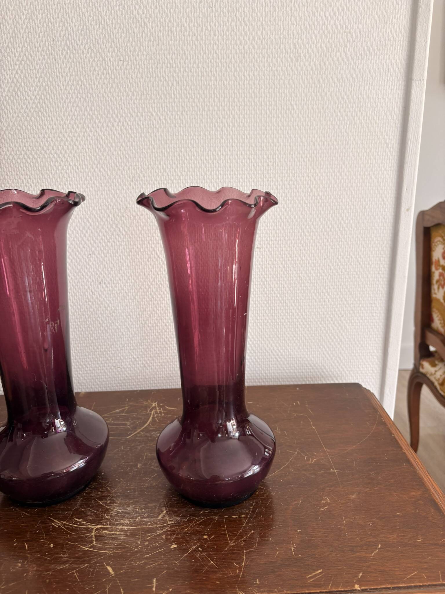 Pair of Trumpet Shaped Soliflore Vases, Purple, Mid Century, Italy, Empoli