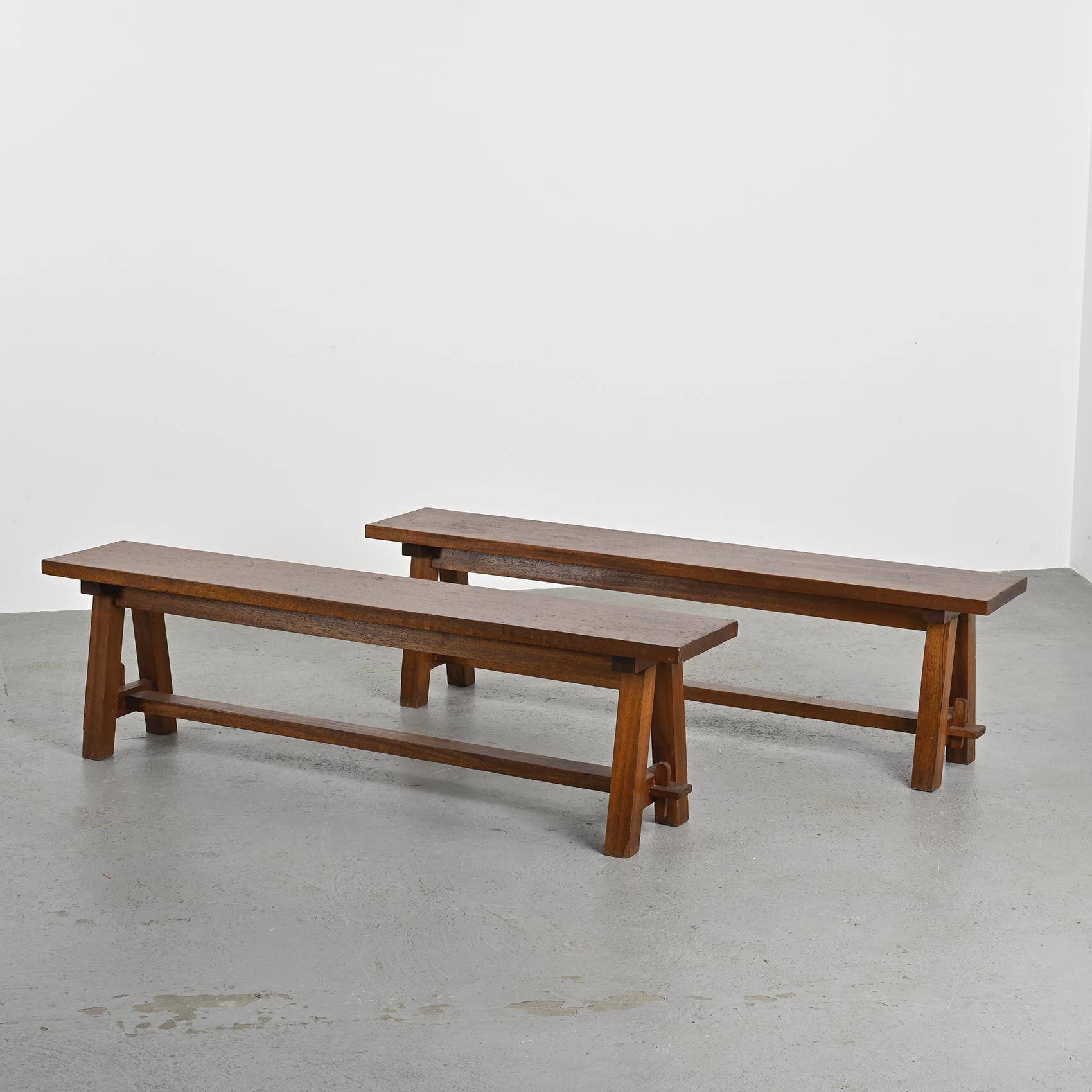 Mahogany dining table and benches, mountain work, France circa 1960