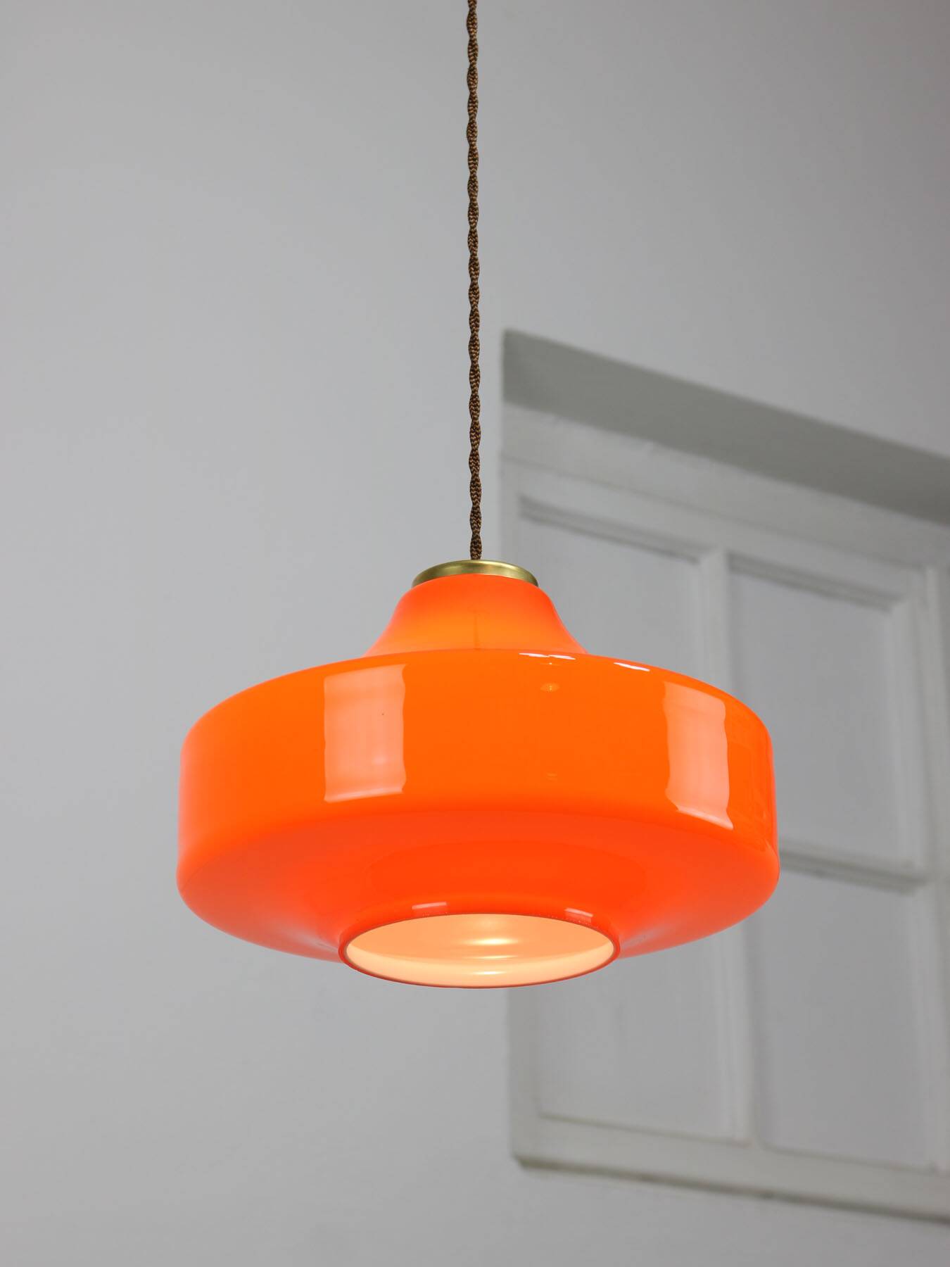 Mid-century italian orange glass & brass pendant lamp