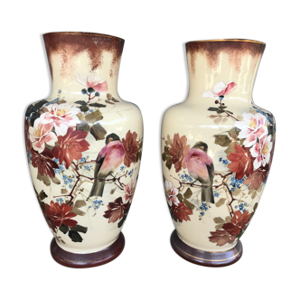 Pair of opaline vases enamelled early XXth