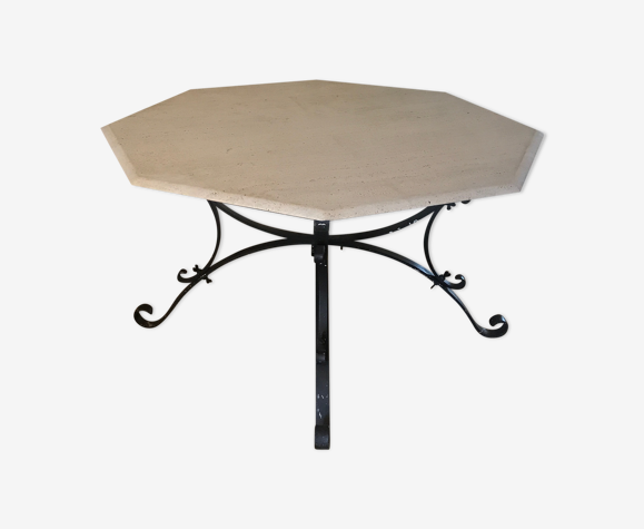 Table à manger en travertin et fer forgé