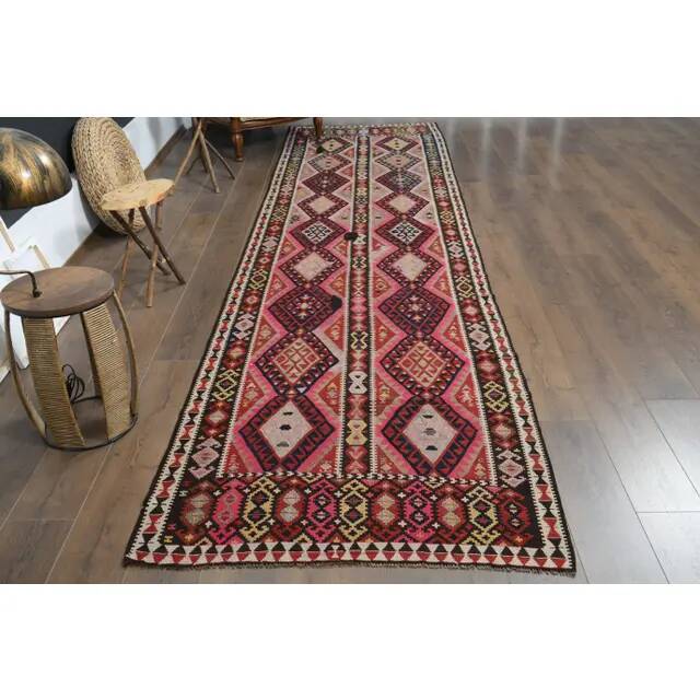 1970s Vintage Turkish Oushak Handmade Wool Cotton Pink Runner Rug 115x451