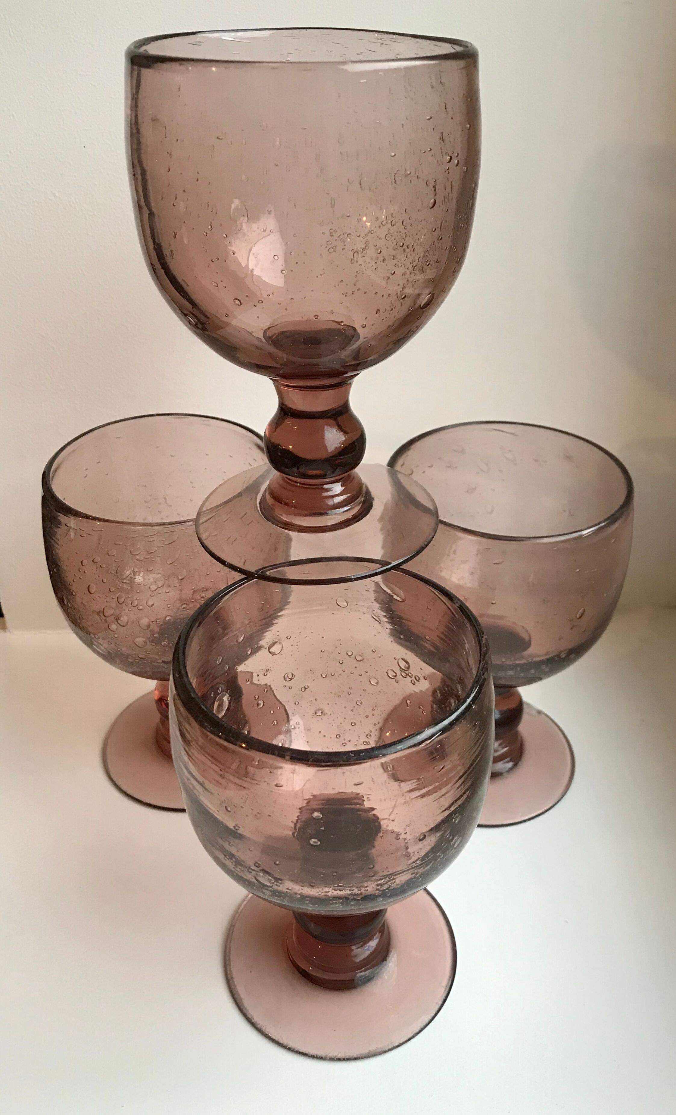 Set of 4 glasses with bubbled glass stems from biot violets 70s