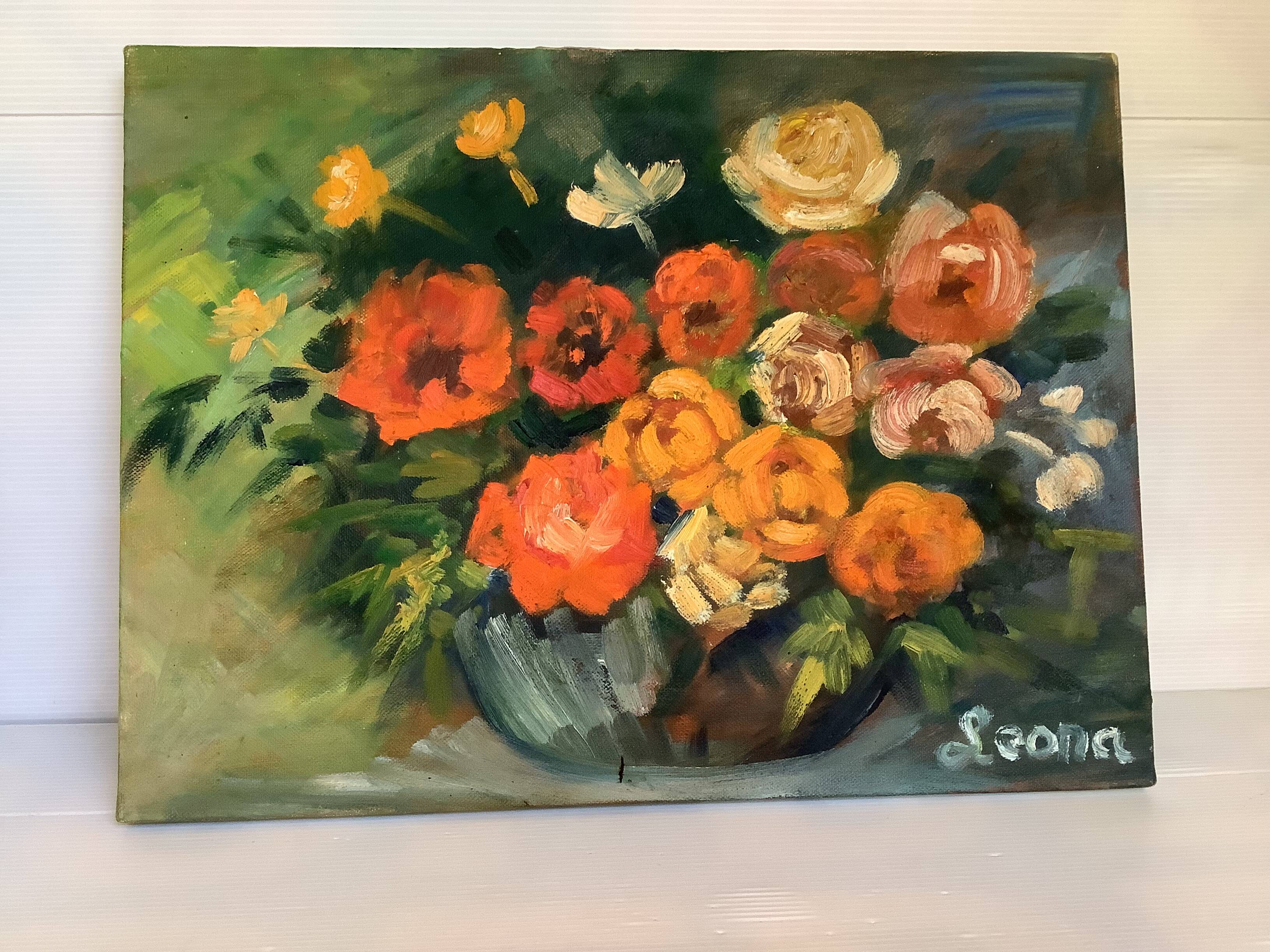 Painting bouquet of flowers oil on canvas signed